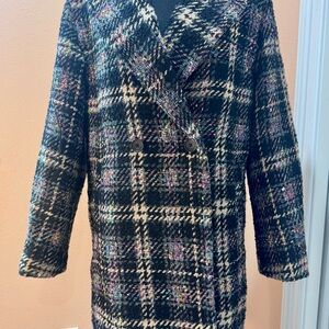 Desigual Corcego Neon Plaid Pea Tweed Midi Oversized Coat nwt